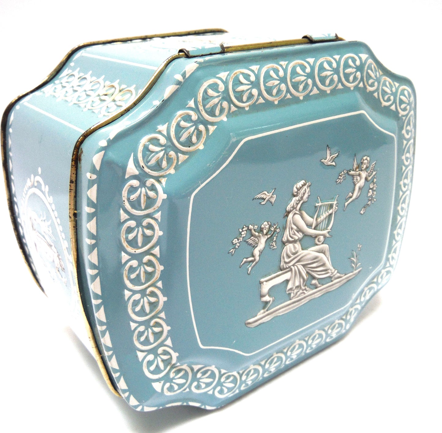 VINTAGE GREEK-STYLE HINGED-LID BABY BLUE TIN CONTAINER: 'Harpist in the Garden with Cherubs'