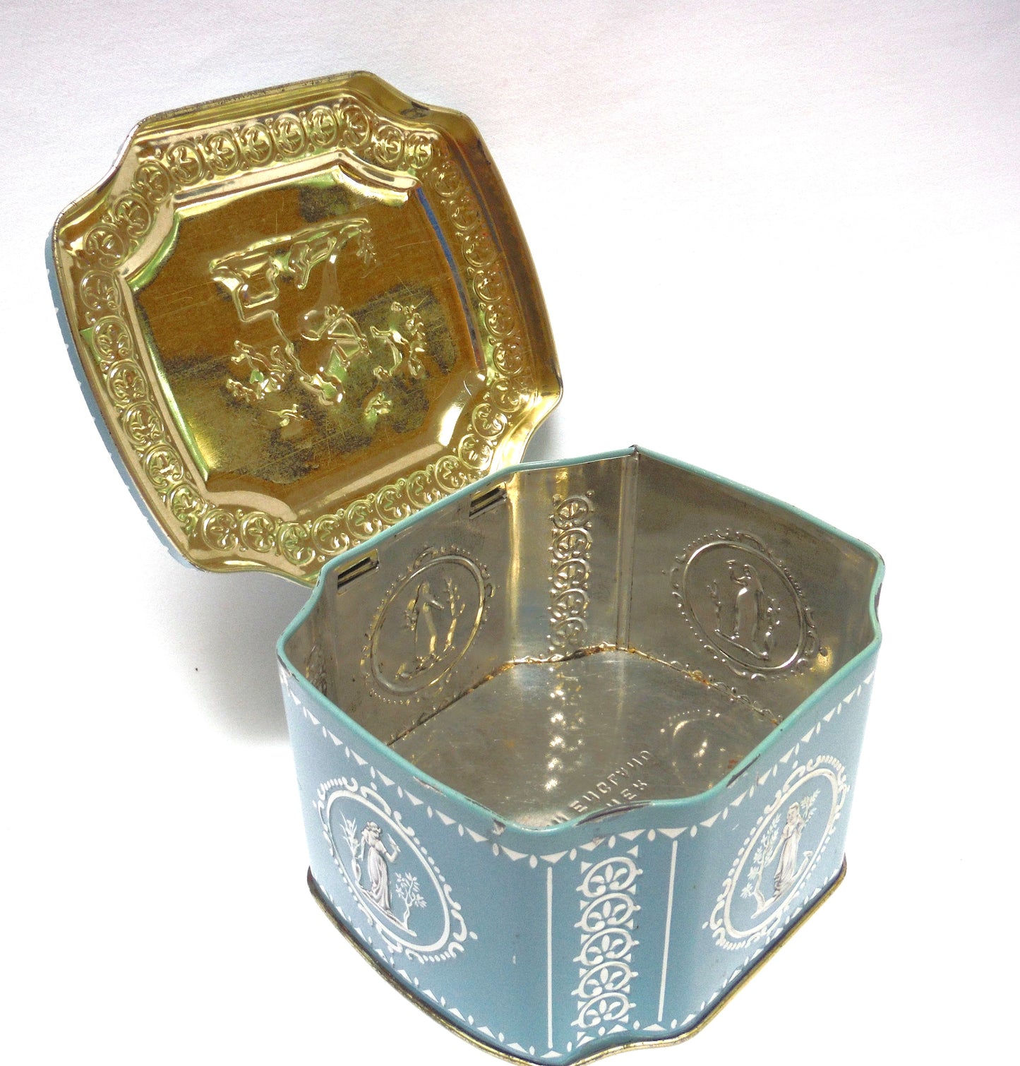 VINTAGE GREEK-STYLE HINGED-LID BABY BLUE TIN CONTAINER: 'Harpist in the Garden with Cherubs'