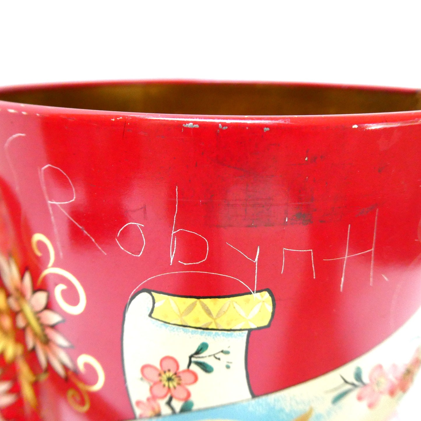 Vintage Tin Can Pail-Style with Original Handle by Murray-Allen of England: ‘Butterflies and Pink Flowers’