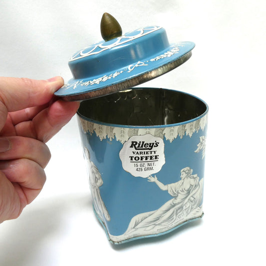 Stunning Vintage Riley's Toffee Tin of Halifax, England: ‘Judgment of Hercules’ in Robins Egg Blue and Original Company Label