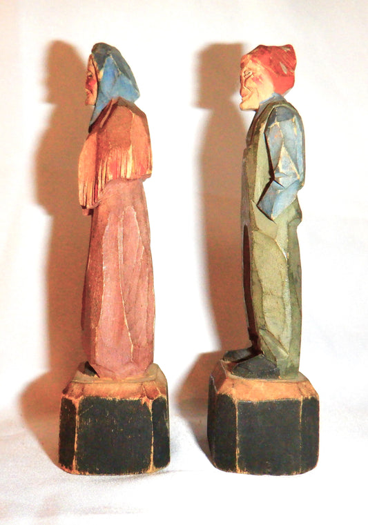 ANTIQUE Wood Hand Carved, Hand Painted, Grandpa & Grandma, Quebec Turn-of-the-Century
