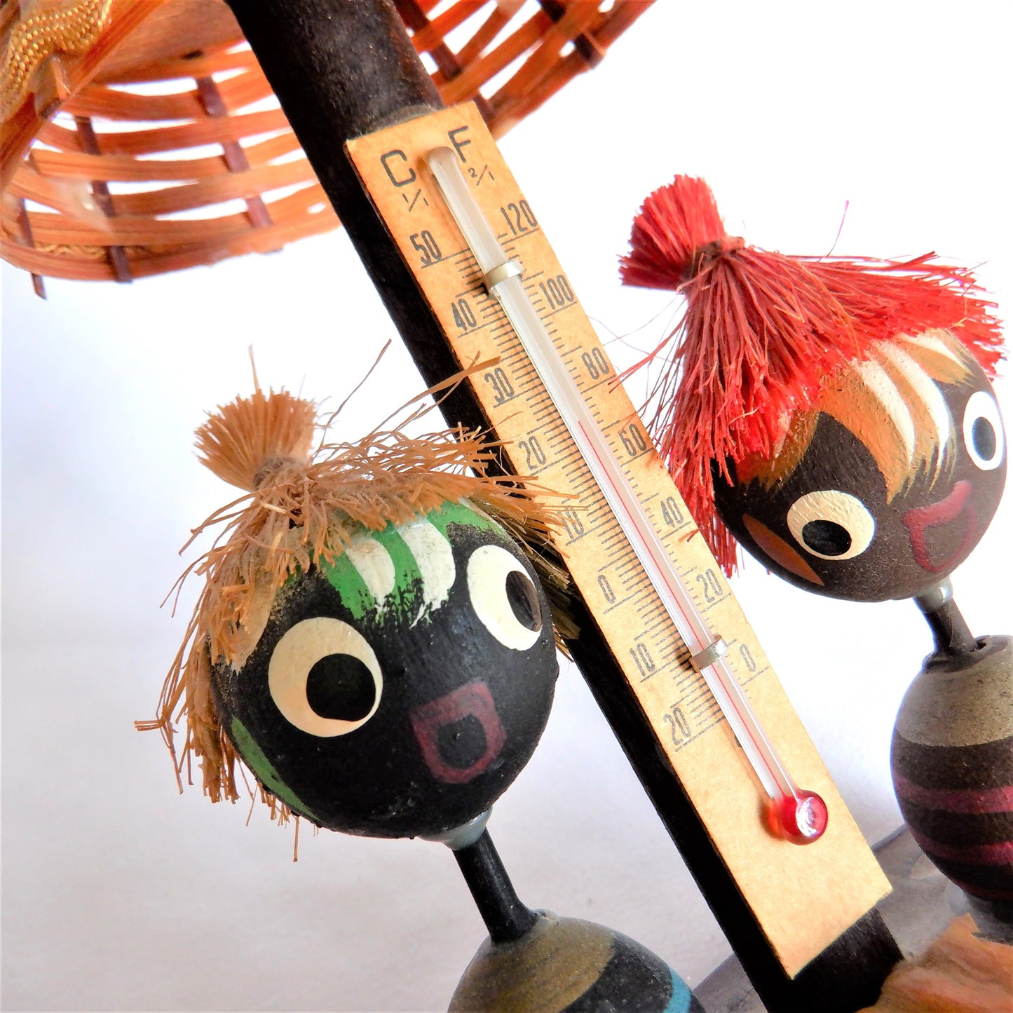 Vintage Basketweave and Wood Thermometer Collectible, Made in Japan 1950's