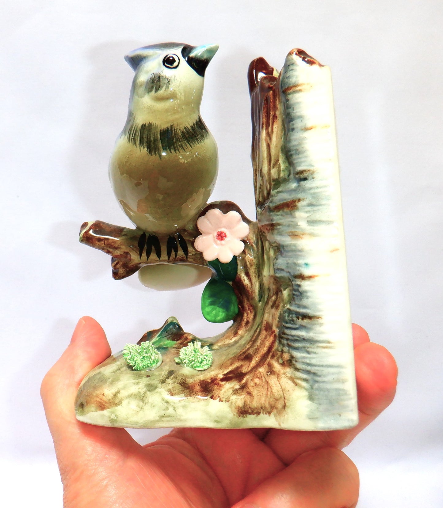 VINTAGE PAIR OF JAPANESE CERAMIC BOOKENDS, Blue Jay Birds sitting on a Birch Tree, 1950's