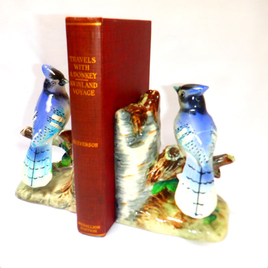VINTAGE PAIR OF JAPANESE CERAMIC BOOKENDS, Blue Jay Birds sitting on a Birch Tree, 1950's