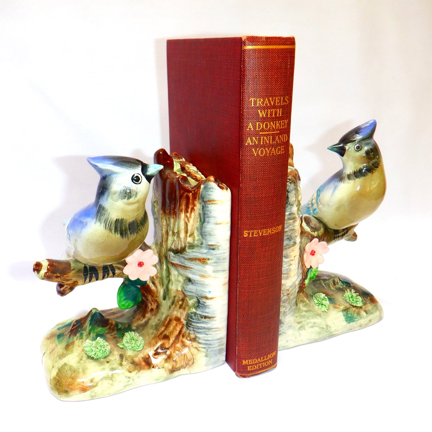 VINTAGE PAIR OF JAPANESE CERAMIC BOOKENDS, Blue Jay Birds sitting on a Birch Tree, 1950's