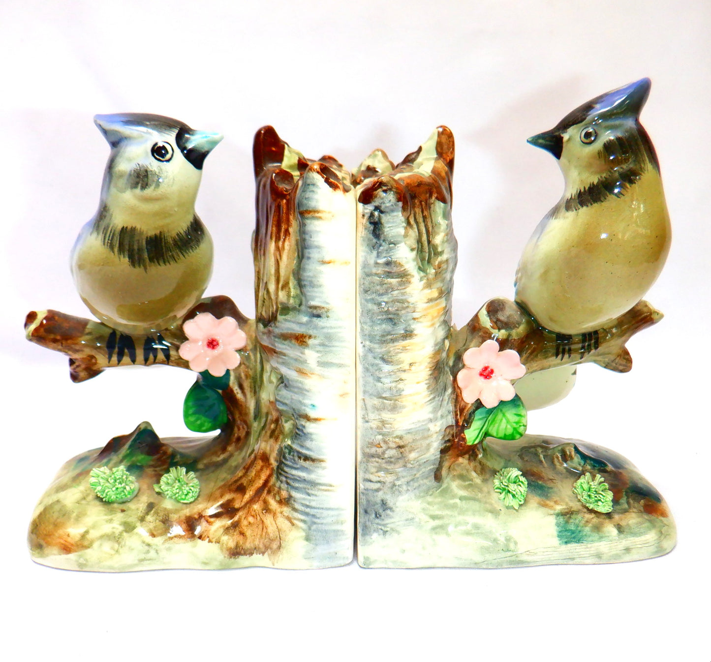 VINTAGE PAIR OF JAPANESE CERAMIC BOOKENDS, Blue Jay Birds sitting on a Birch Tree, 1950's