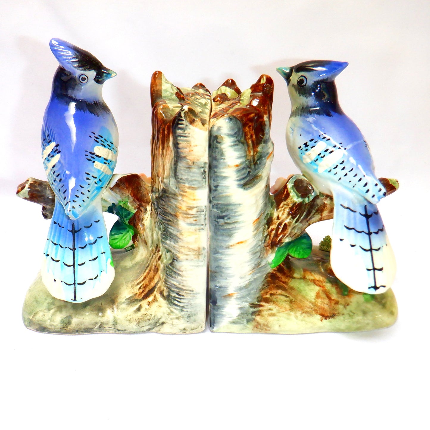 VINTAGE PAIR OF JAPANESE CERAMIC BOOKENDS, Blue Jay Birds sitting on a Birch Tree, 1950's