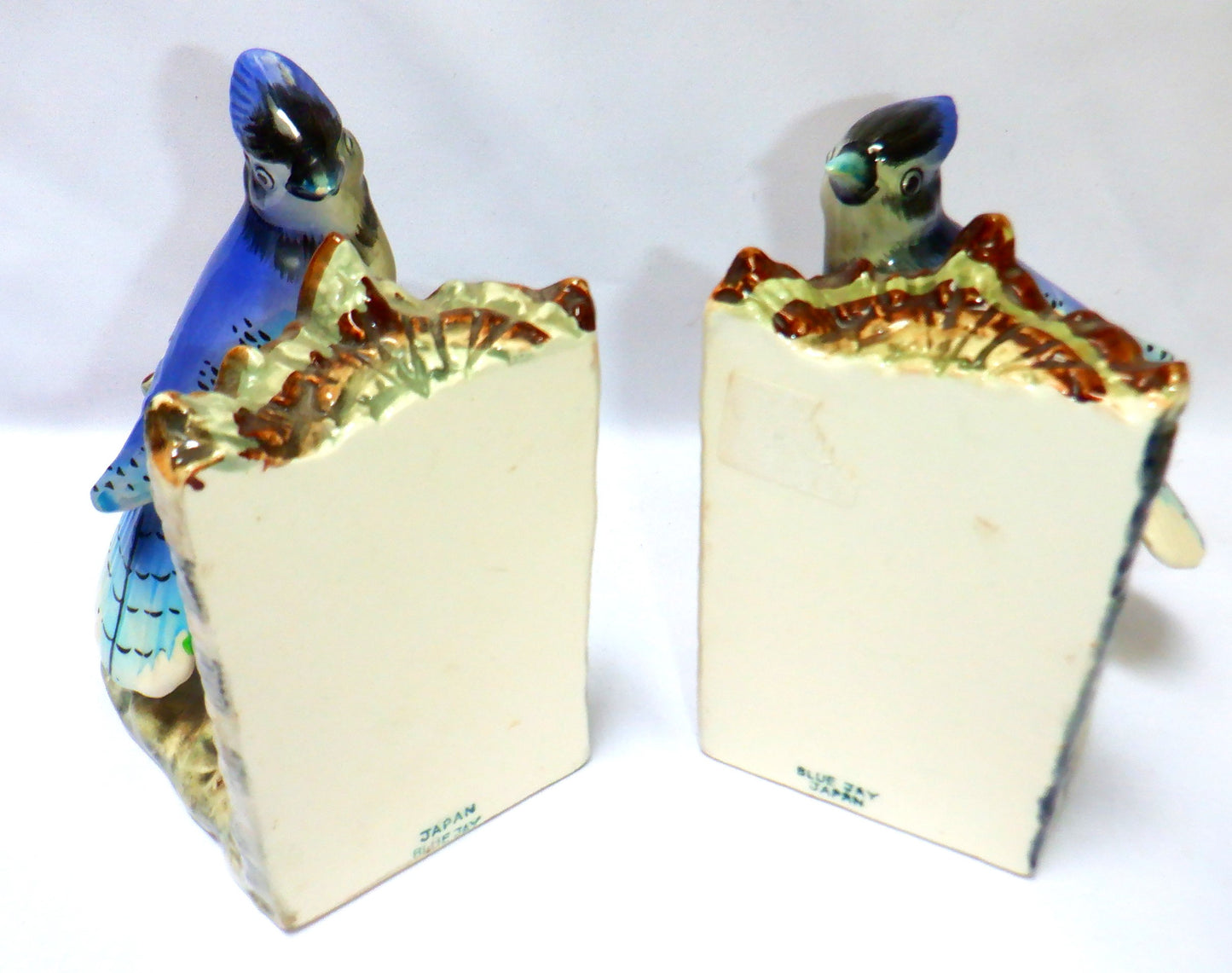 VINTAGE PAIR OF JAPANESE CERAMIC BOOKENDS, Blue Jay Birds sitting on a Birch Tree, 1950's