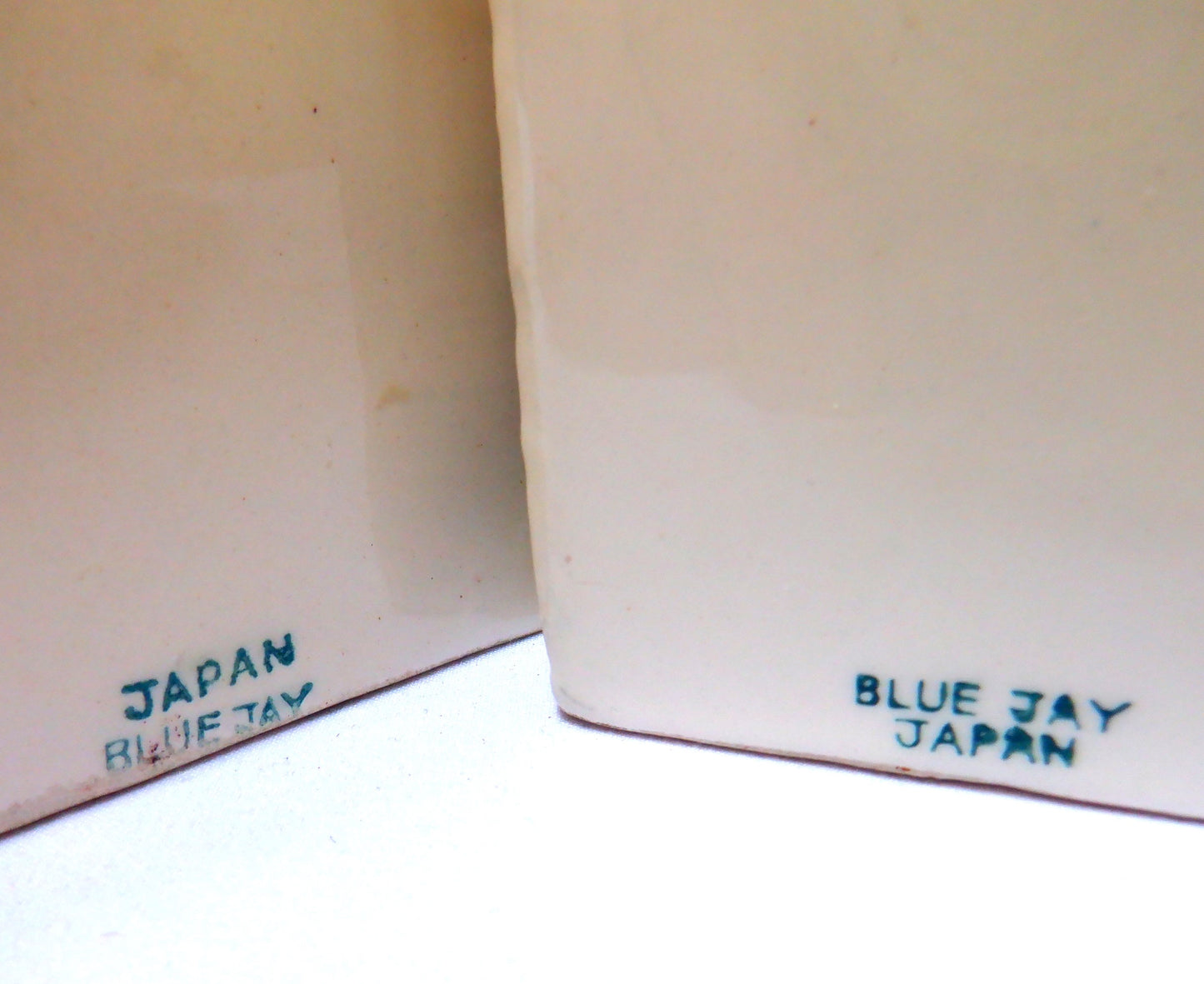 VINTAGE PAIR OF JAPANESE CERAMIC BOOKENDS, Blue Jay Birds sitting on a Birch Tree, 1950's