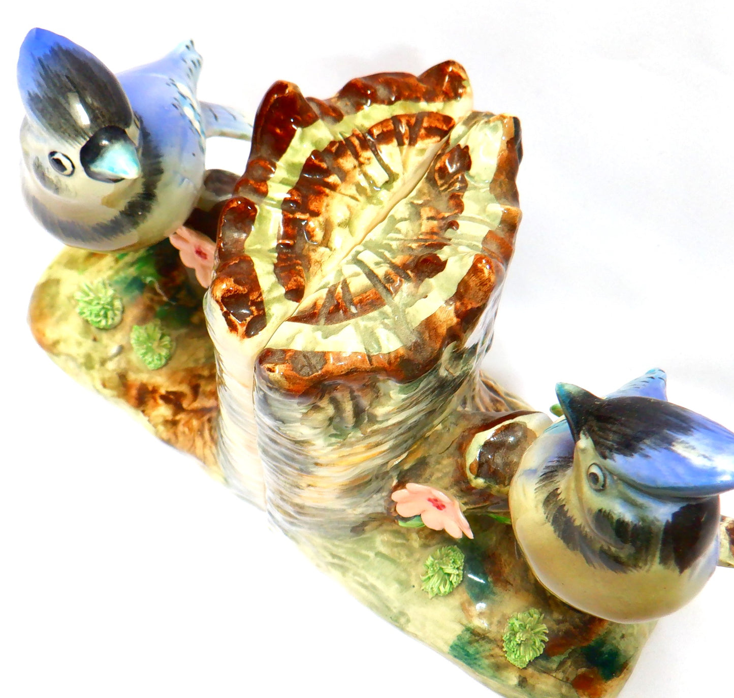 VINTAGE PAIR OF JAPANESE CERAMIC BOOKENDS, Blue Jay Birds sitting on a Birch Tree, 1950's