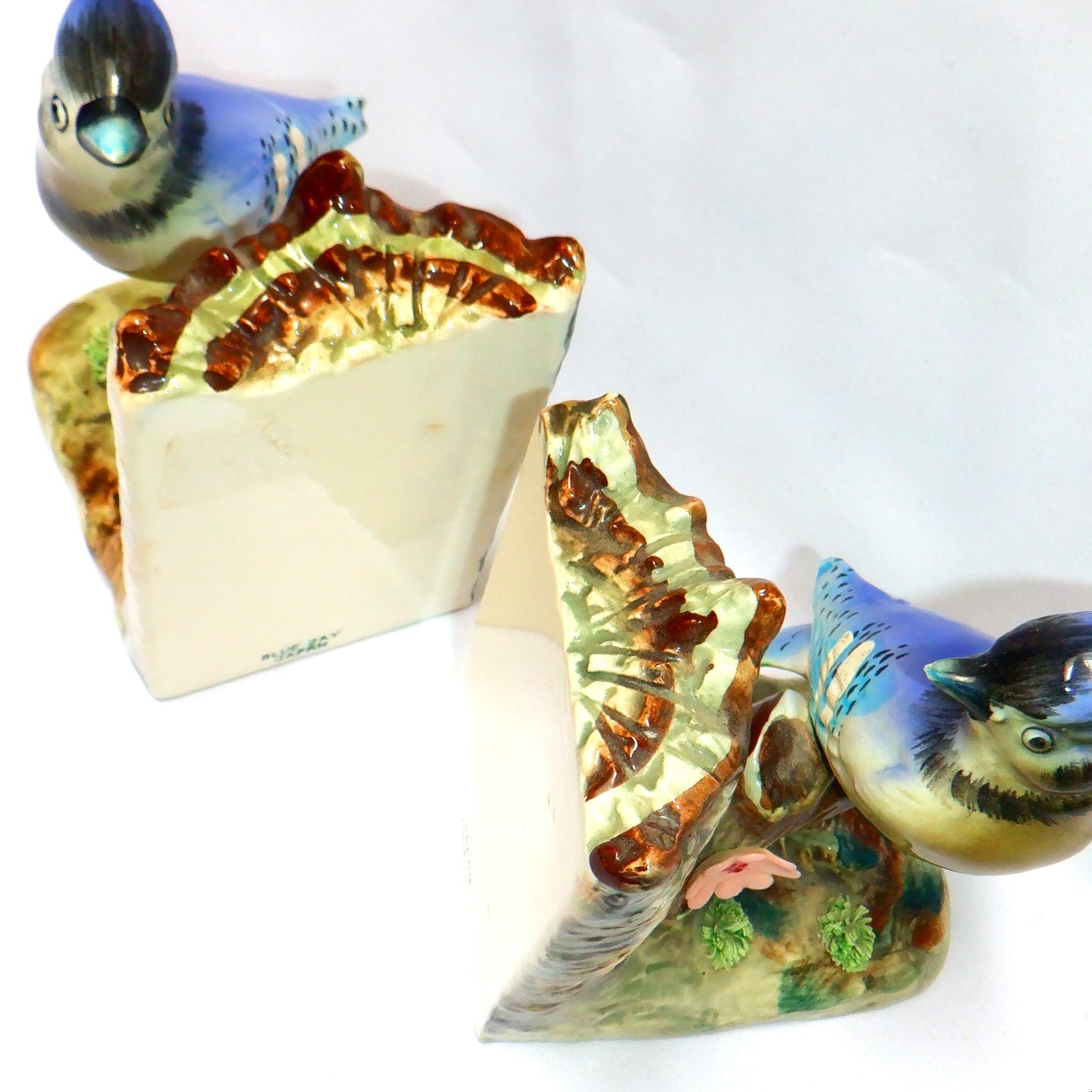 VINTAGE PAIR OF JAPANESE CERAMIC BOOKENDS, Blue Jay Birds sitting on a Birch Tree, 1950's