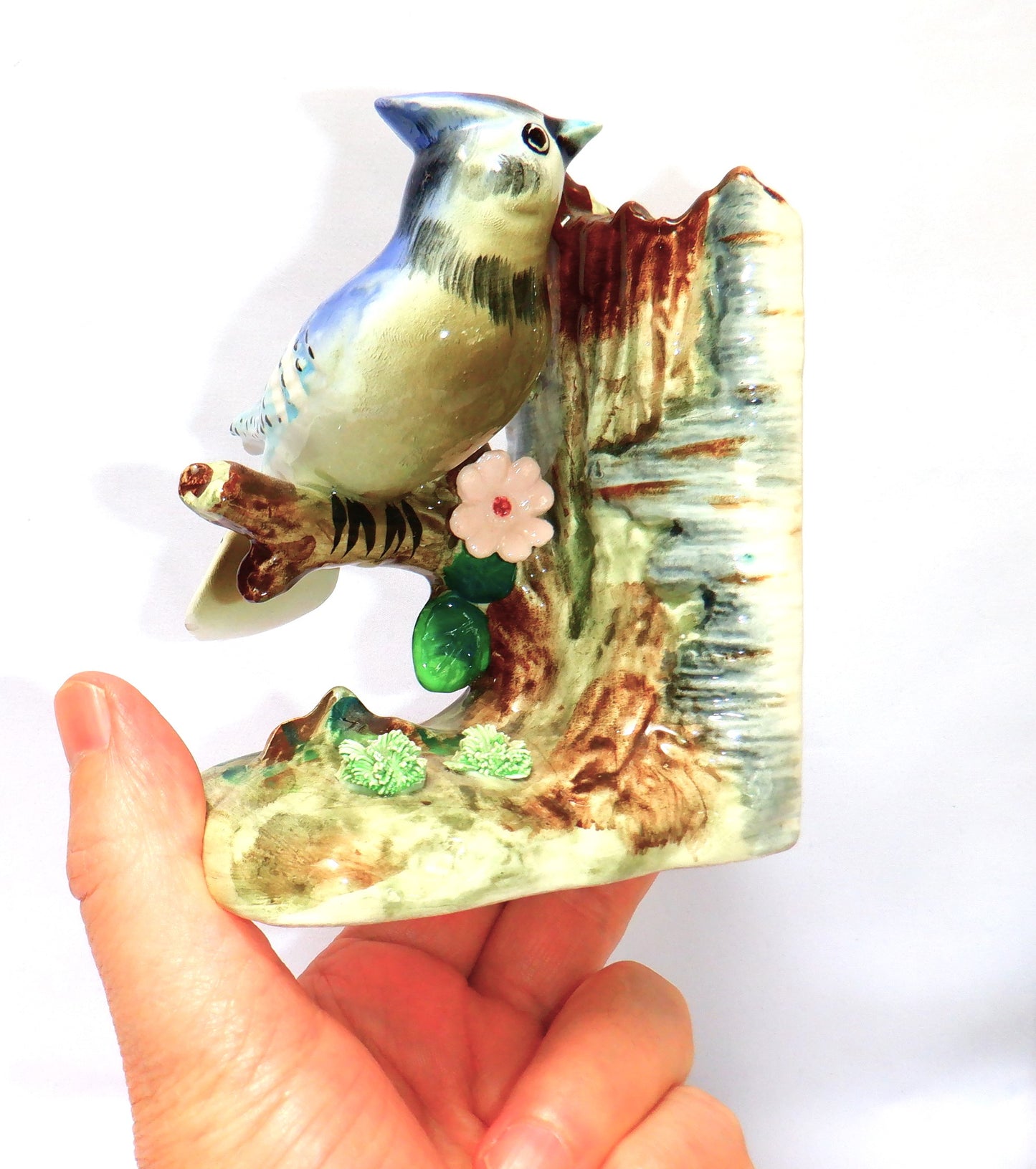 VINTAGE PAIR OF JAPANESE CERAMIC BOOKENDS, Blue Jay Birds sitting on a Birch Tree, 1950's
