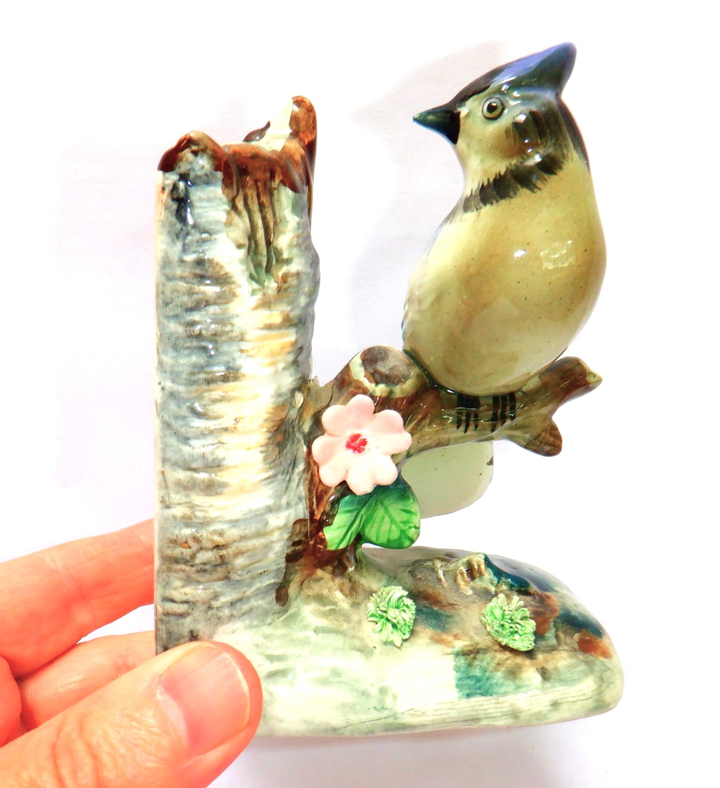 VINTAGE PAIR OF JAPANESE CERAMIC BOOKENDS, Blue Jay Birds sitting on a Birch Tree, 1950's