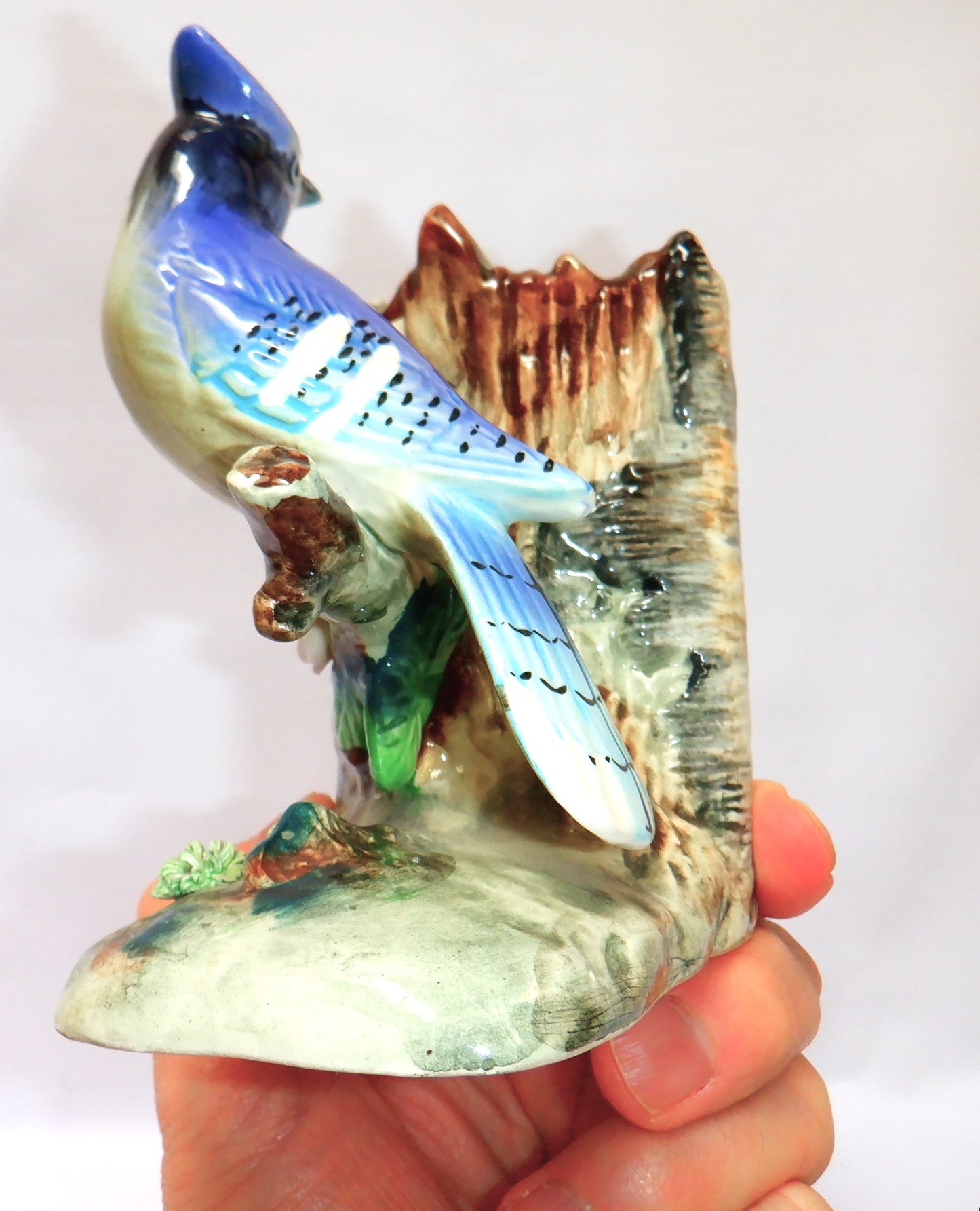 VINTAGE PAIR OF JAPANESE CERAMIC BOOKENDS, Blue Jay Birds sitting on a Birch Tree, 1950's
