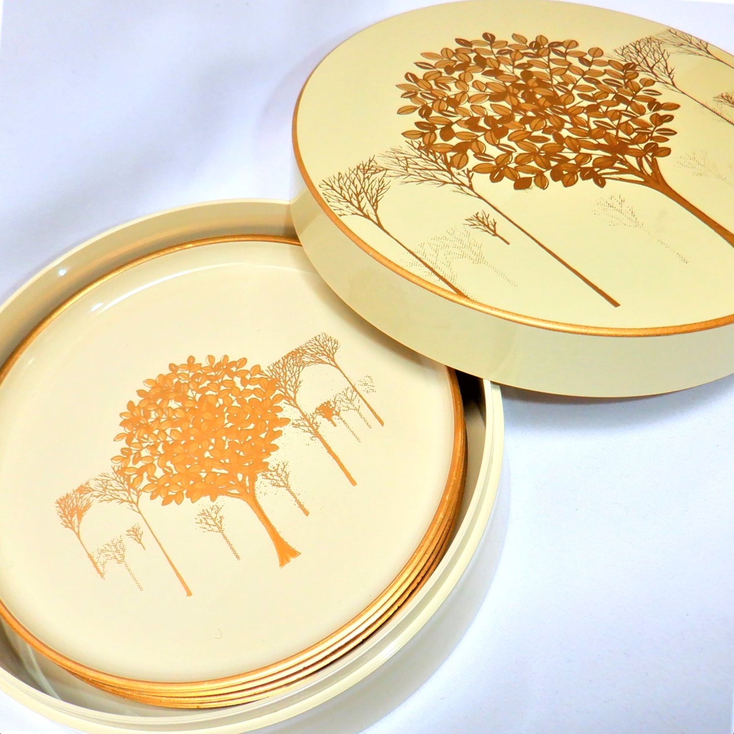 JAPANESE COASTER SET, Mid-Century Vintage Otagiri Golden Mist Cream Lacquerware 1960's