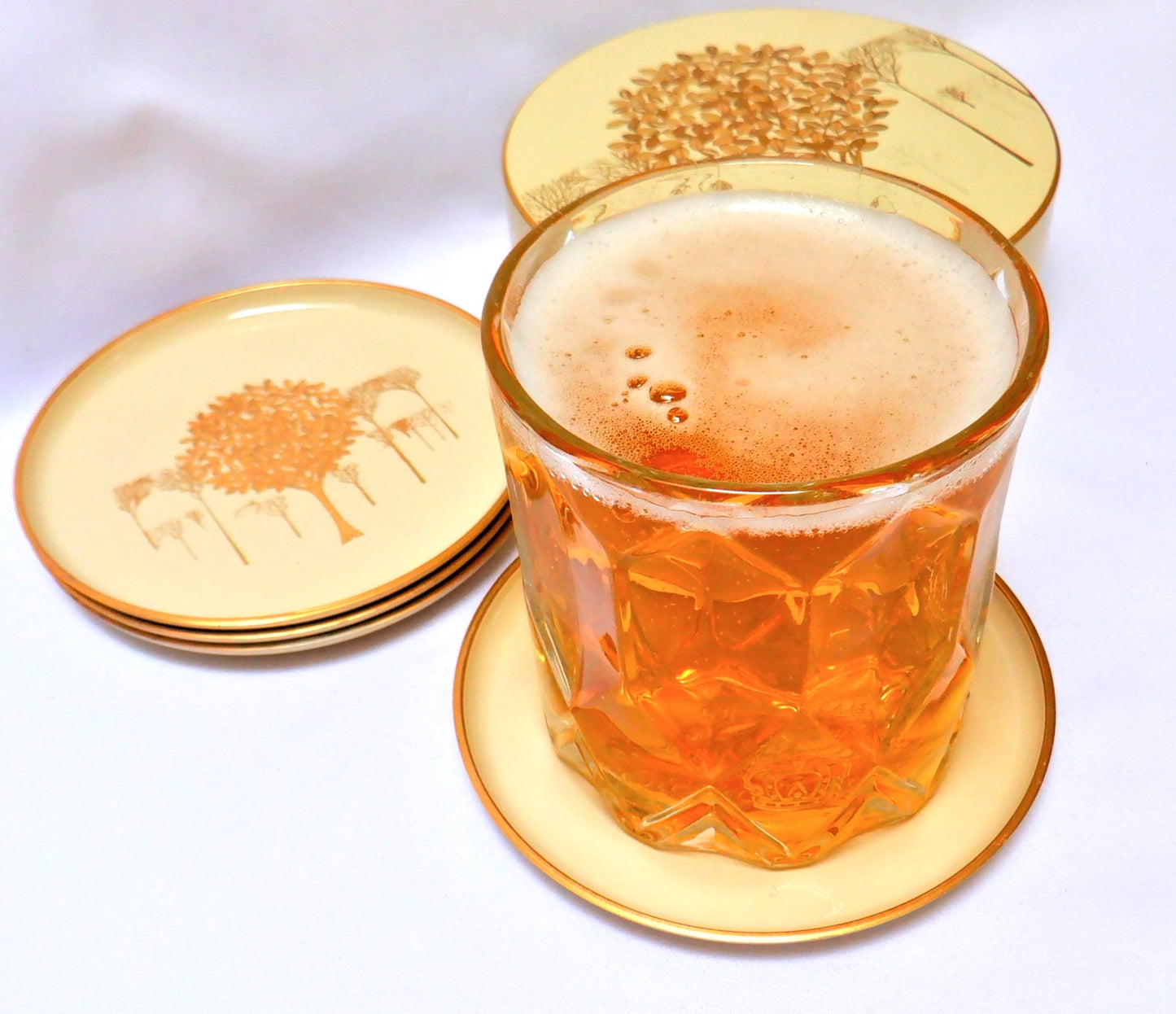 JAPANESE COASTER SET, Mid-Century Vintage Otagiri Golden Mist Cream Lacquerware 1960's