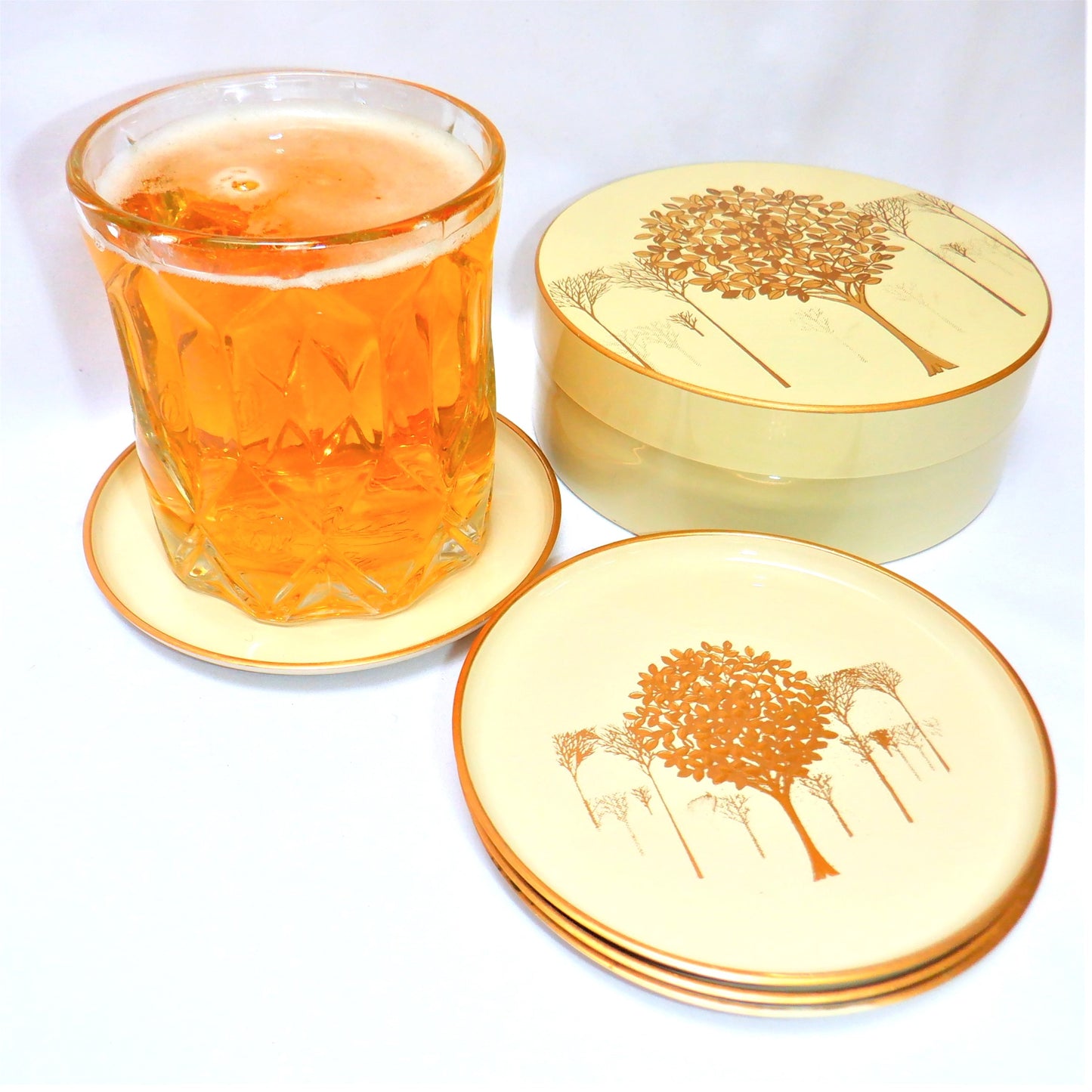 JAPANESE COASTER SET, Mid-Century Vintage Otagiri Golden Mist Cream Lacquerware 1960's