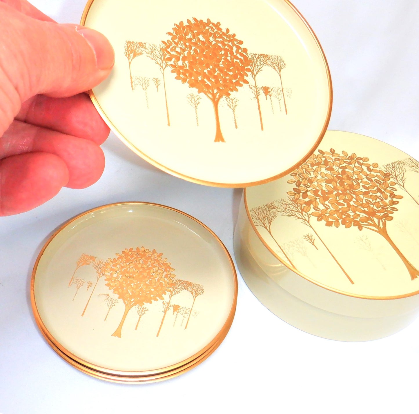 JAPANESE COASTER SET, Mid-Century Vintage Otagiri Golden Mist Cream Lacquerware 1960's
