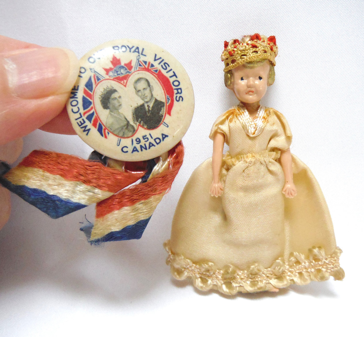 Miniature QUEEN ELIZABETH II DOLL, with Gown & Crown, Vintage 1950's
