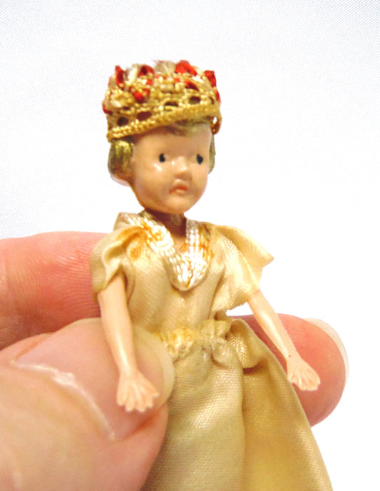 Miniature QUEEN ELIZABETH II DOLL, with Gown & Crown, Vintage 1950's