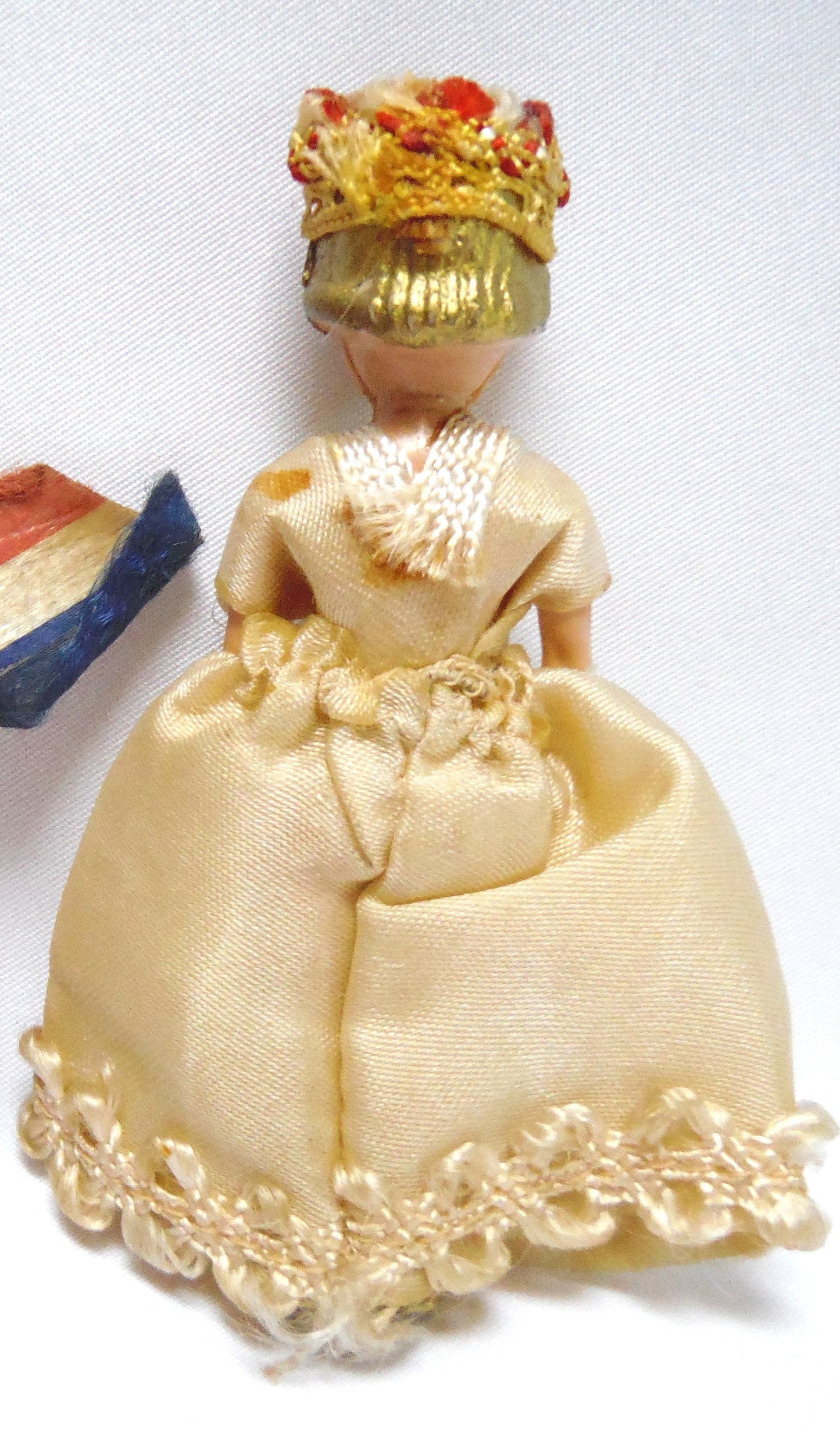 Miniature QUEEN ELIZABETH II DOLL, with Gown & Crown, Vintage 1950's