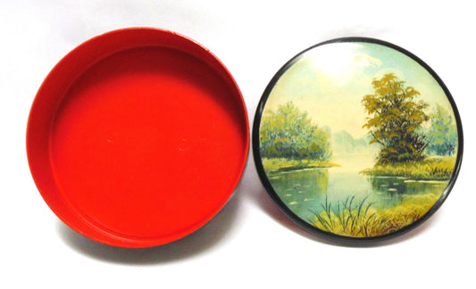 Vintage ROUND TRINKET CONTAINER Black Lacquered w/ Red Interior Hand-Painted