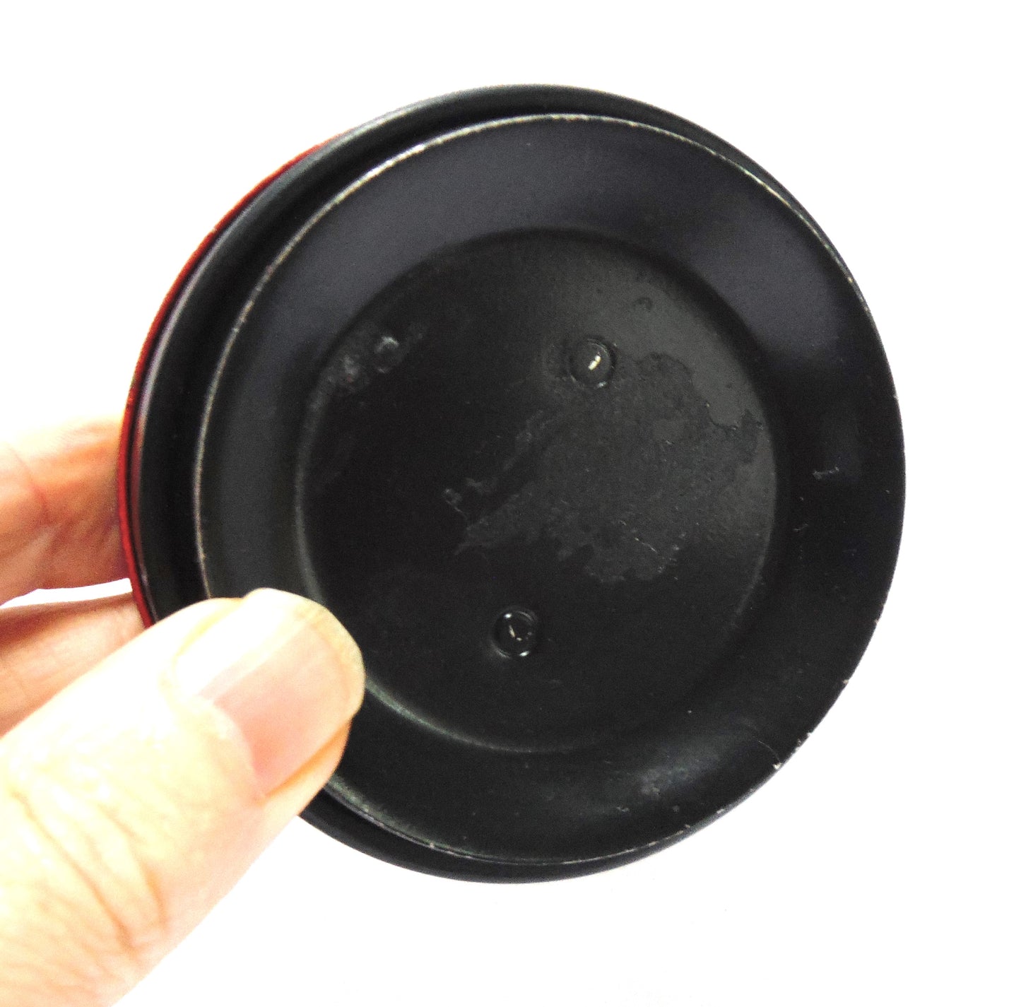 Vintage ROUND TRINKET CONTAINER Black Lacquered w/ Red Interior Hand-Painted