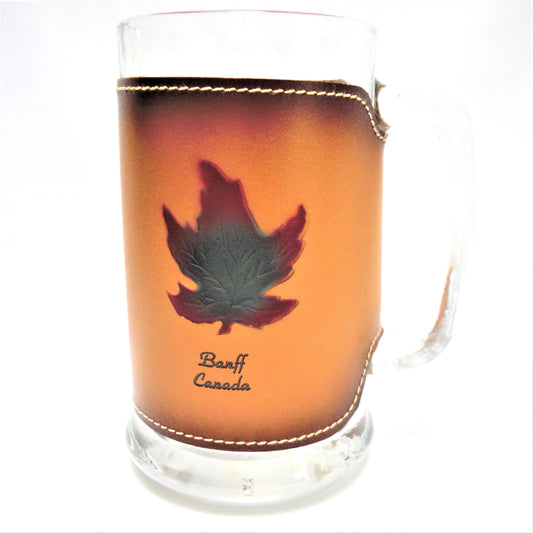 Collectible Like New-Old Stock 1970's GLASS BEER MUG wrapped in Leather: 'THE MAPLE LEAF FROM BANFF, CANADA'