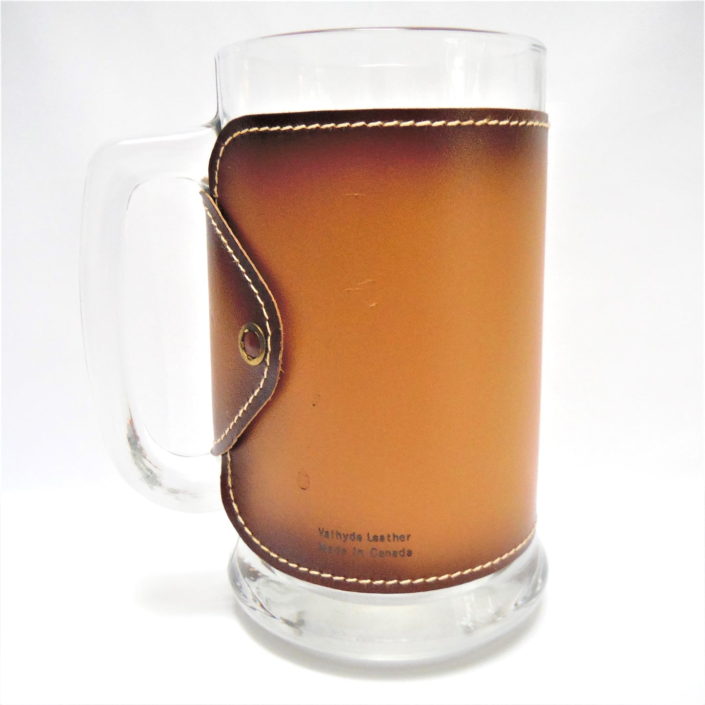 Collectible Like New-Old Stock 1970's GLASS BEER MUG wrapped in Leather: 'THE MAPLE LEAF FROM BANFF, CANADA'