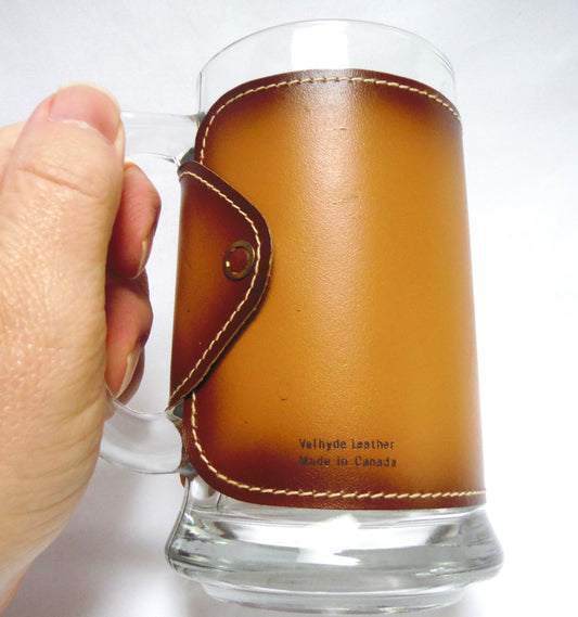Collectible Like New-Old Stock 1970's GLASS BEER MUG wrapped in Leather: 'THE MAPLE LEAF FROM BANFF, CANADA'