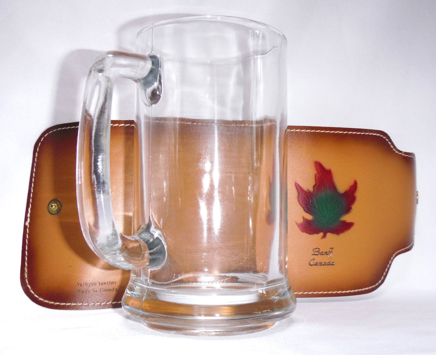 Collectible Like New-Old Stock 1970's GLASS BEER MUG wrapped in Leather: 'THE MAPLE LEAF FROM BANFF, CANADA'