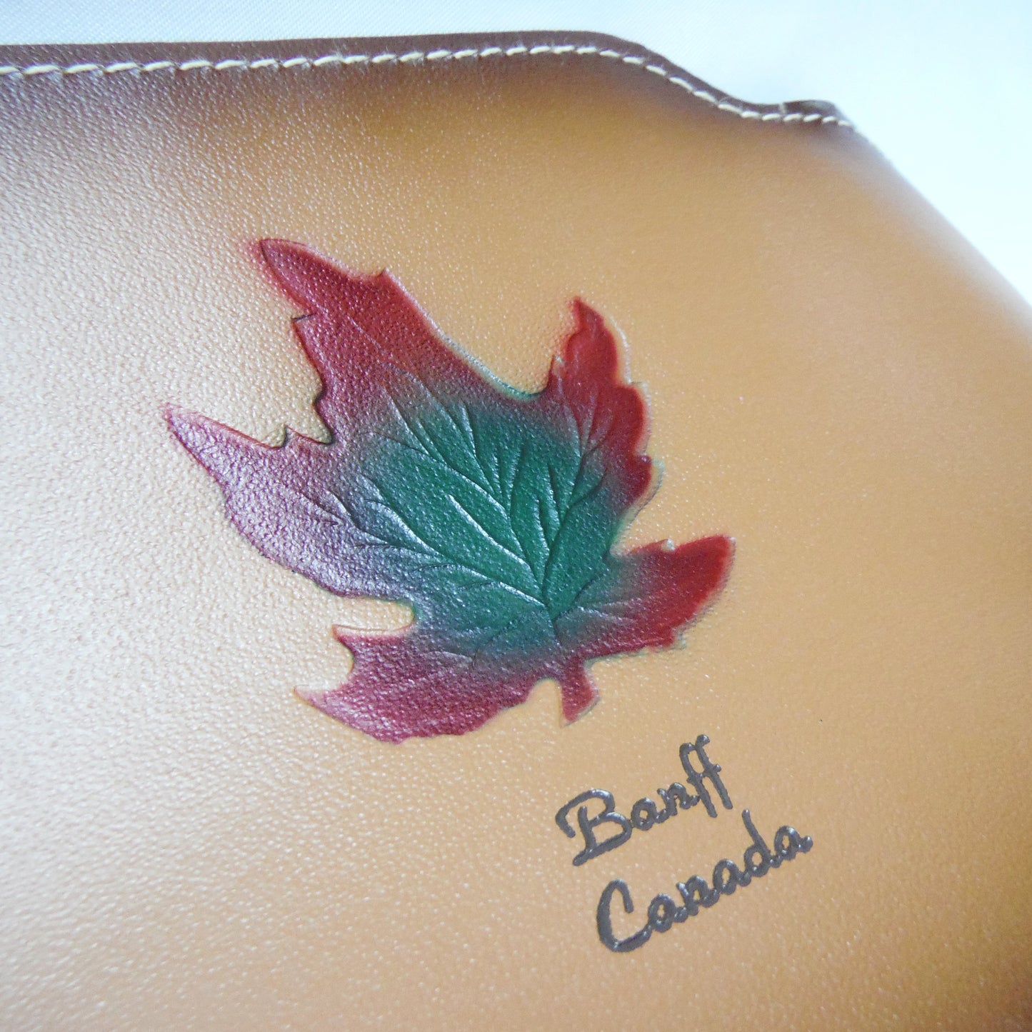 Collectible Like New-Old Stock 1970's GLASS BEER MUG wrapped in Leather: 'THE MAPLE LEAF FROM BANFF, CANADA'