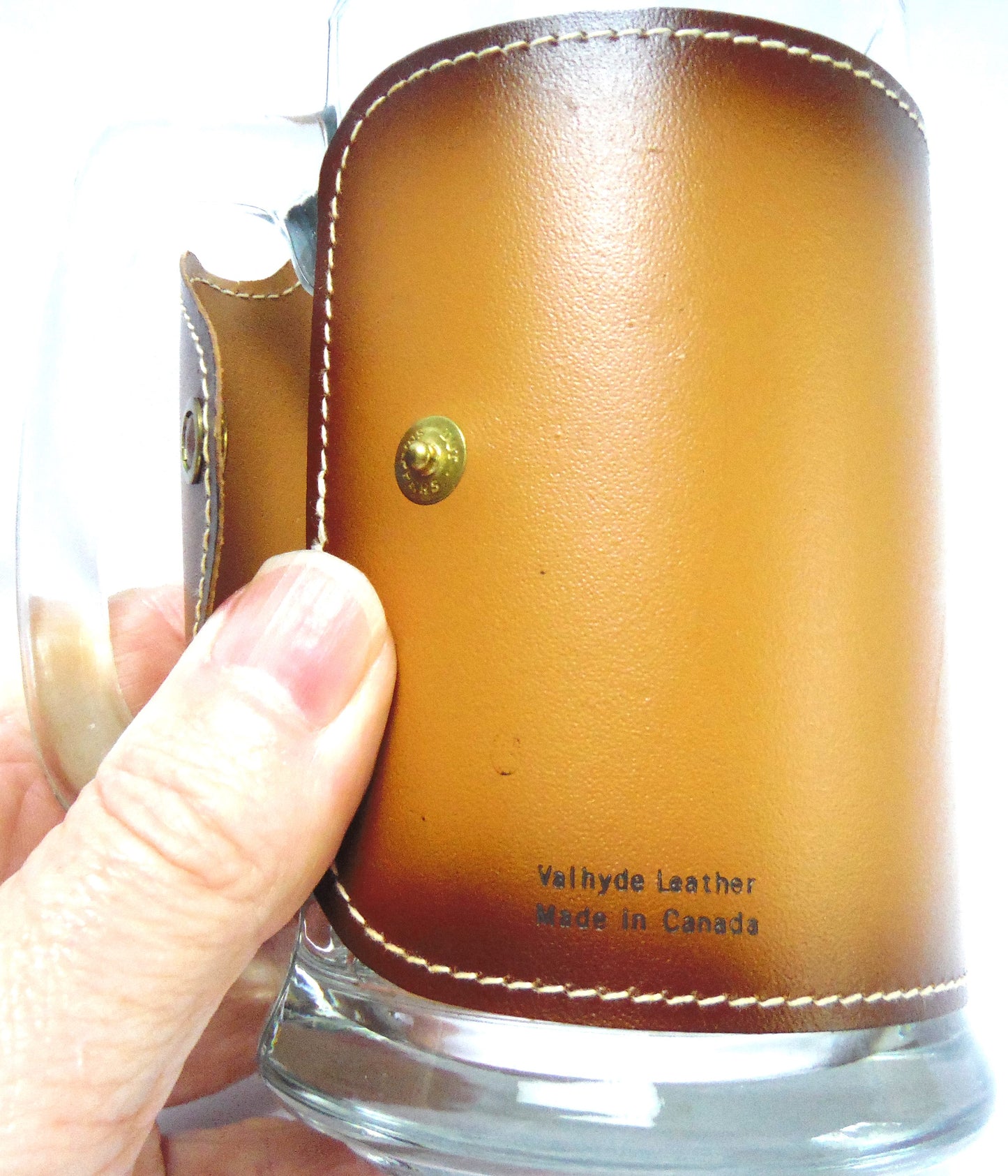 Collectible Like New-Old Stock 1970's GLASS BEER MUG wrapped in Leather: 'THE MAPLE LEAF FROM BANFF, CANADA'