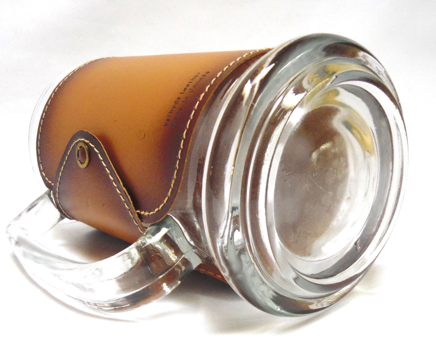Collectible Like New-Old Stock 1970's GLASS BEER MUG wrapped in Leather: 'THE MAPLE LEAF FROM BANFF, CANADA'