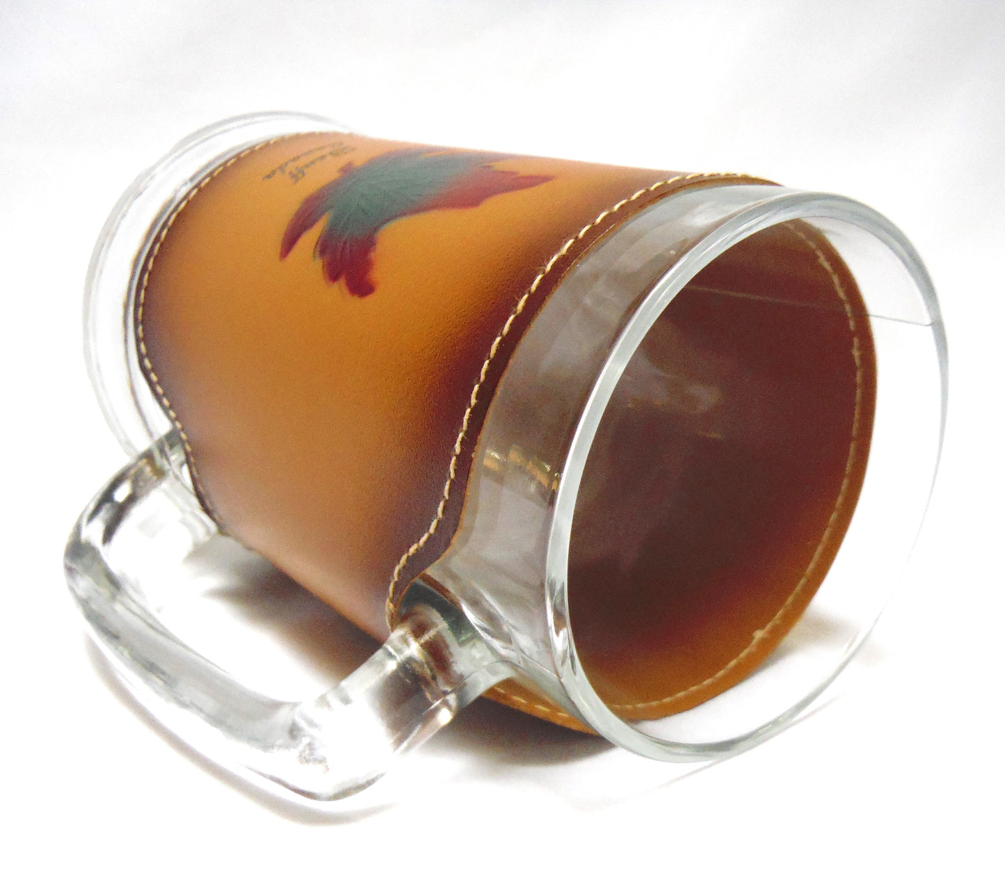 Collectible Like New-Old Stock 1970's GLASS BEER MUG wrapped in Leather: 'THE MAPLE LEAF FROM BANFF, CANADA'