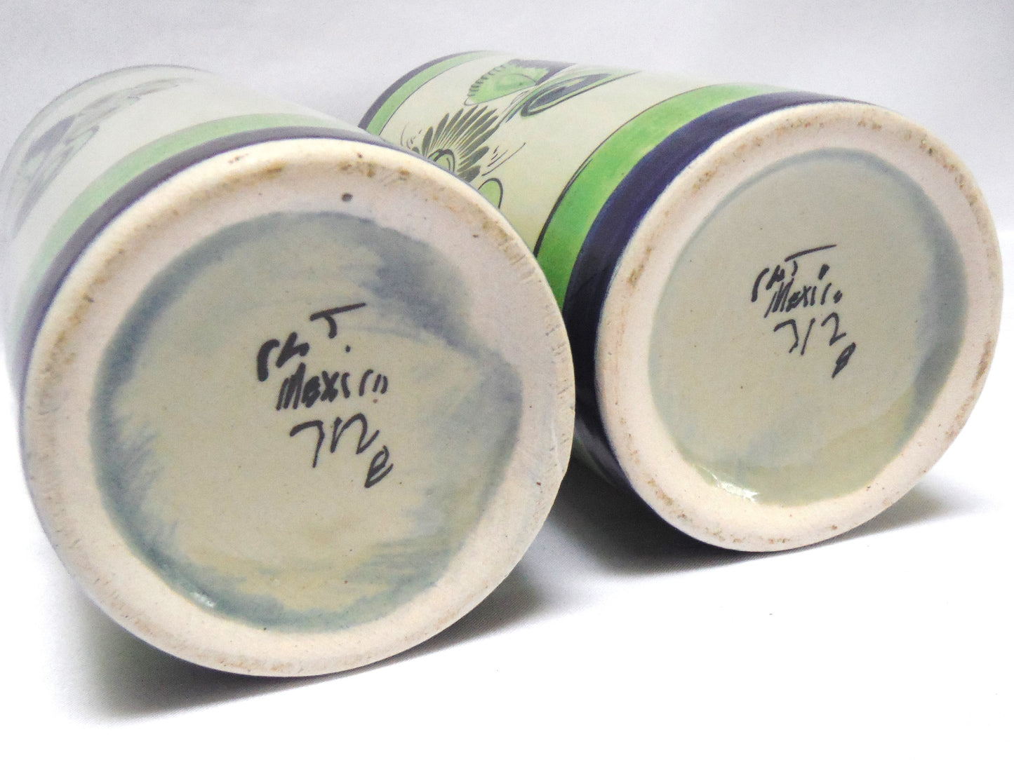 VINTAGE MEXICAN TALL CROCK CUPS, Set of TWO, Hand-Painted & Artist Signed, 1979