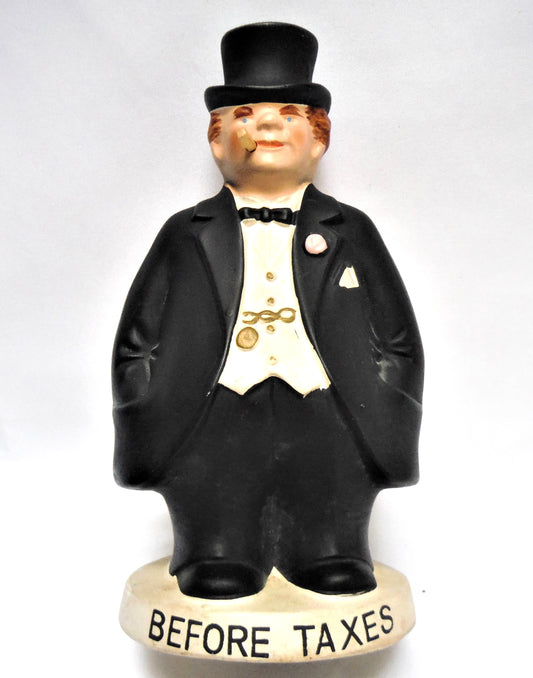 BEFORE TAXES, AFTER TAXES, A Vintage Dual-Sided Statue Coin Bank by MENSCHIK-GOLDMAN, Made in Japan