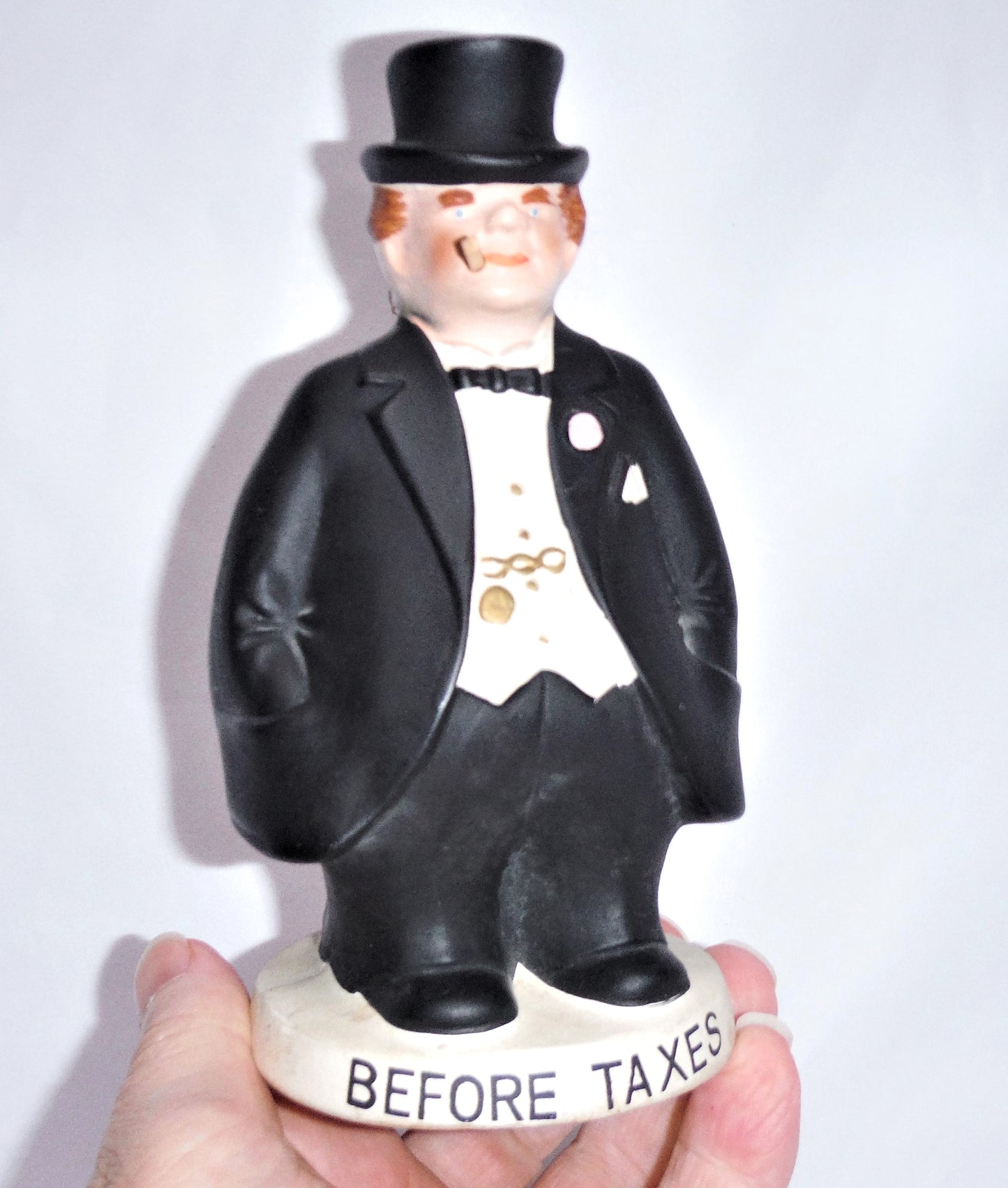 BEFORE TAXES, AFTER TAXES, A Vintage Dual-Sided Statue Coin Bank by MENSCHIK-GOLDMAN, Made in Japan