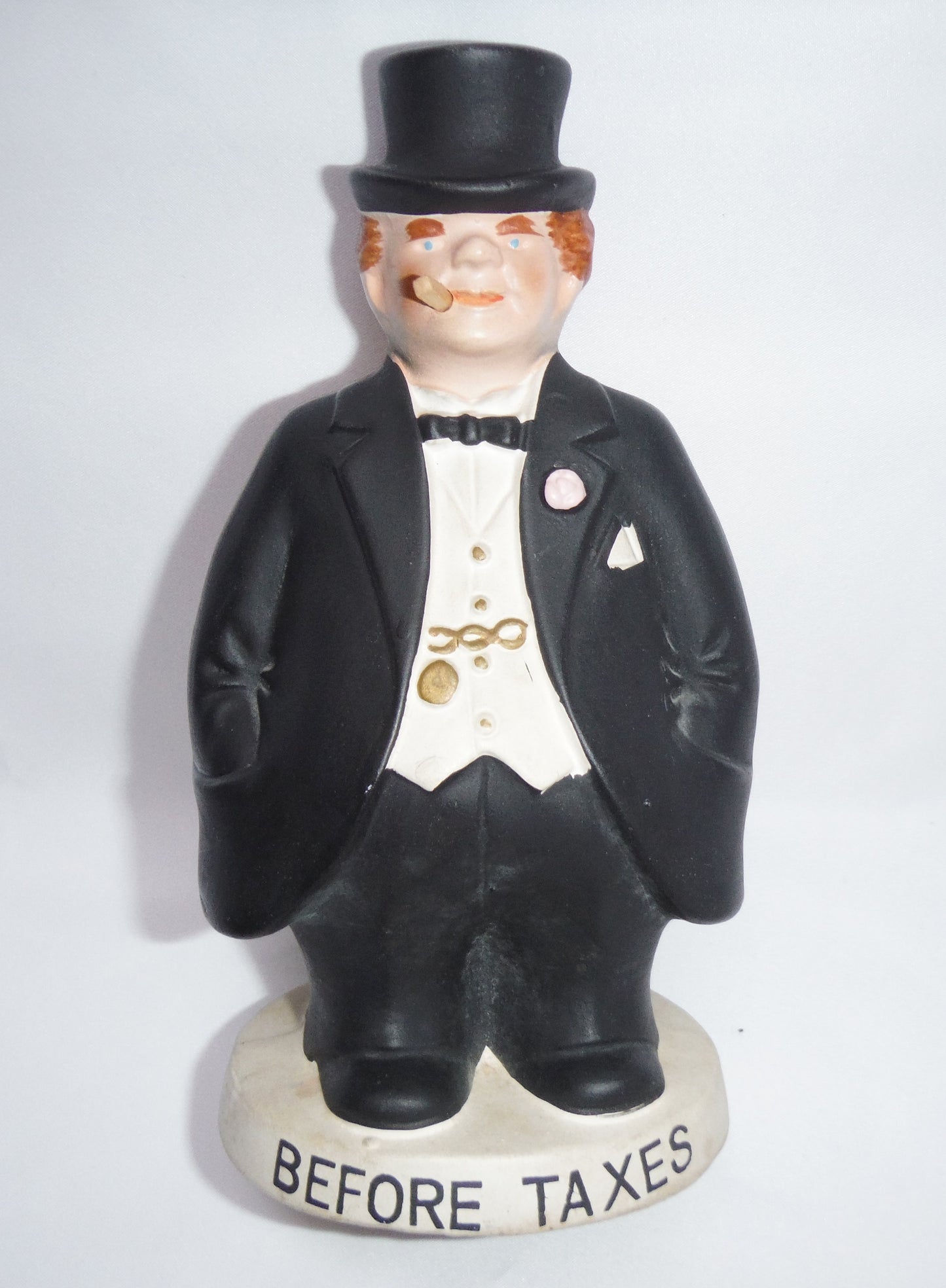 BEFORE TAXES, AFTER TAXES, A Vintage Dual-Sided Statue Coin Bank by MENSCHIK-GOLDMAN, Made in Japan