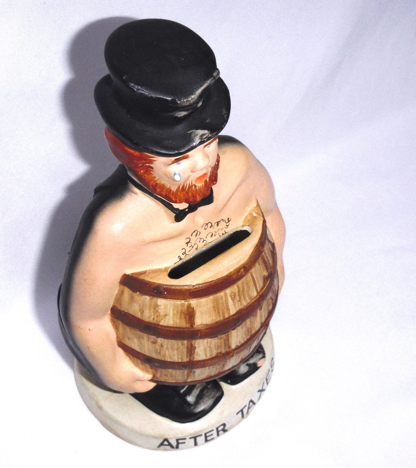 BEFORE TAXES, AFTER TAXES, A Vintage Dual-Sided Statue Coin Bank by MENSCHIK-GOLDMAN, Made in Japan