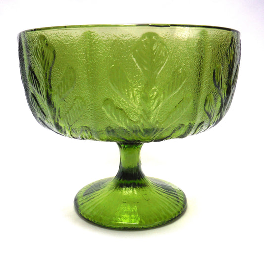 Vintage Compote Footed Vase in Green Oak Leaf Pattern by F.T.D. Glass
