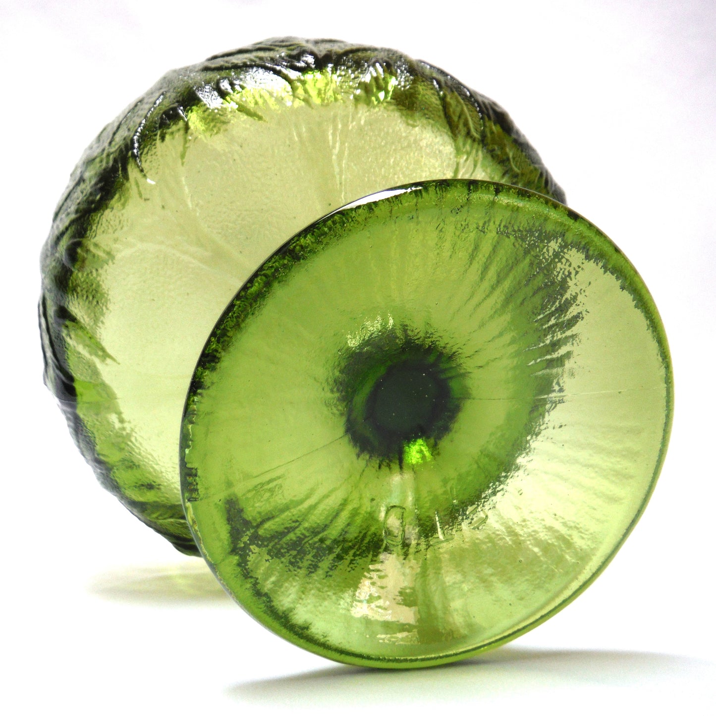 Vintage Compote Footed Vase in Green Oak Leaf Pattern by F.T.D. Glass