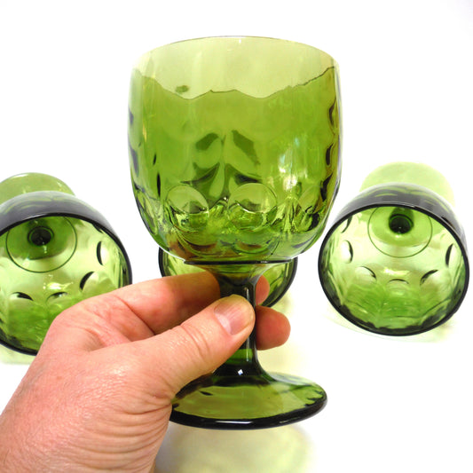 INDIANA GLASS PEDESTAL GLASSES, in Vintage Avacado Green with the Thumbprint Design (Priced Individually)