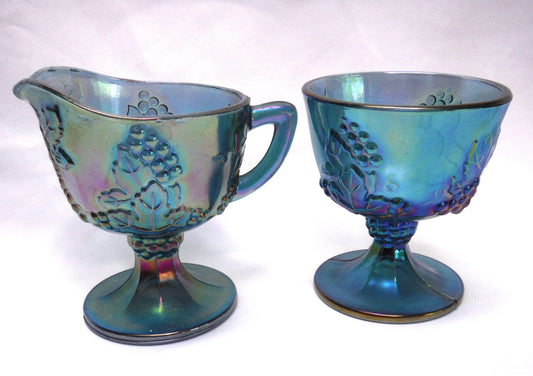 Vintage PAIR OF INDIANA GLASS Blue Carnival Creamer and Sugar in Harvest-Grapes Pattern