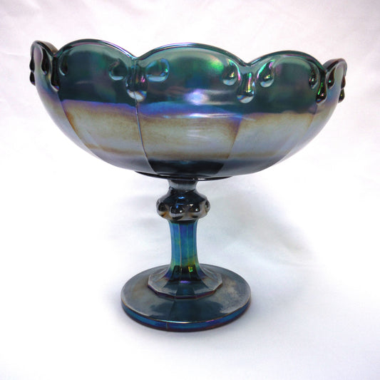 Vintage Iridescent Blue Carnival Glass Pedestal Compote Bowl, Unique & Wonky!
