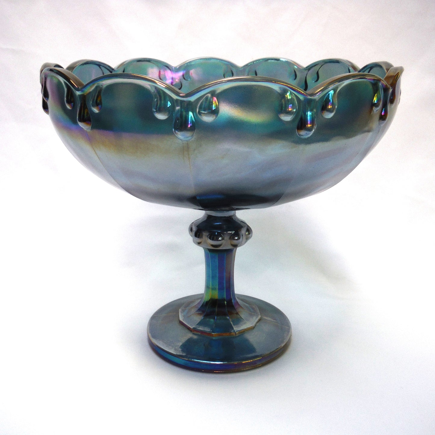Vintage Iridescent Blue Carnival Glass Pedestal Compote Bowl, Unique & Wonky!