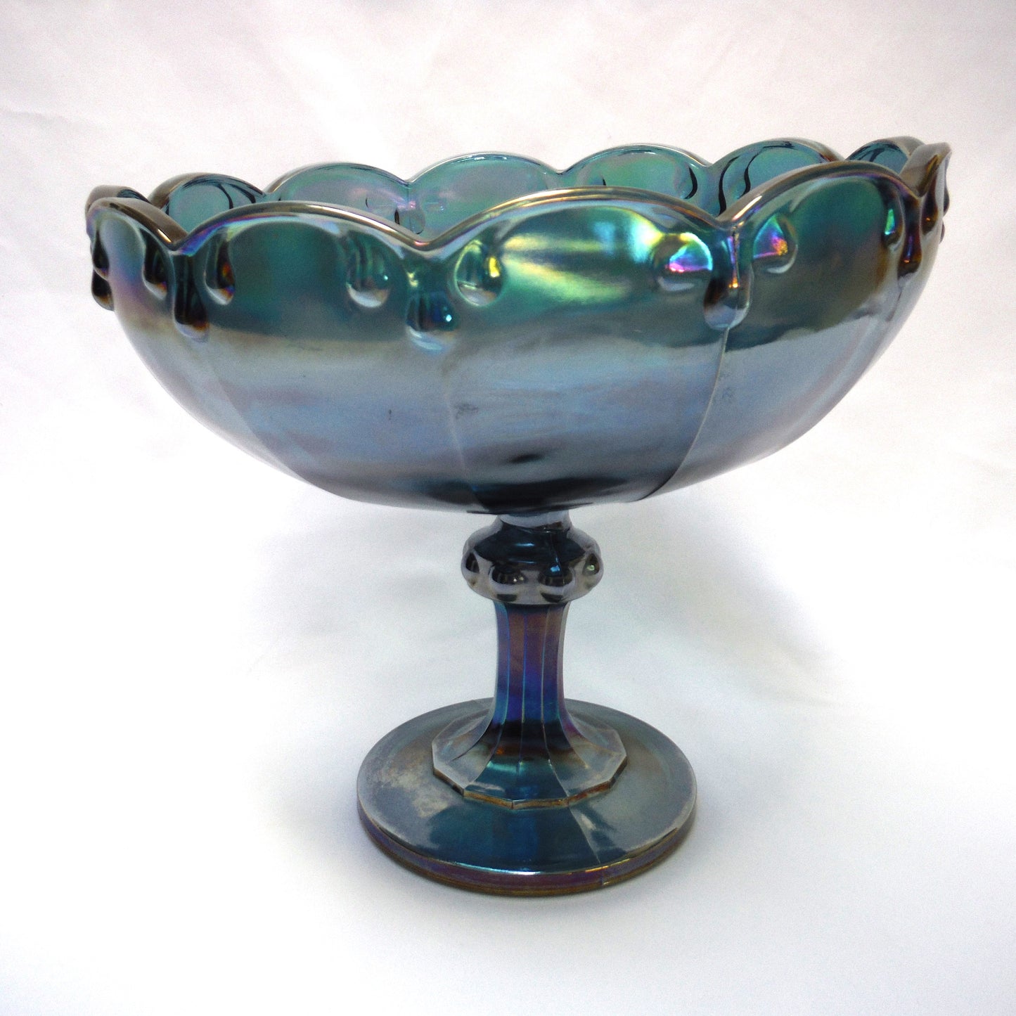 Vintage Iridescent Blue Carnival Glass Pedestal Compote Bowl, Unique & Wonky!
