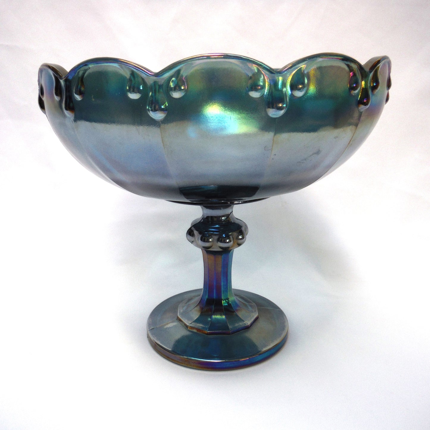 Vintage Iridescent Blue Carnival Glass Pedestal Compote Bowl, Unique & Wonky!