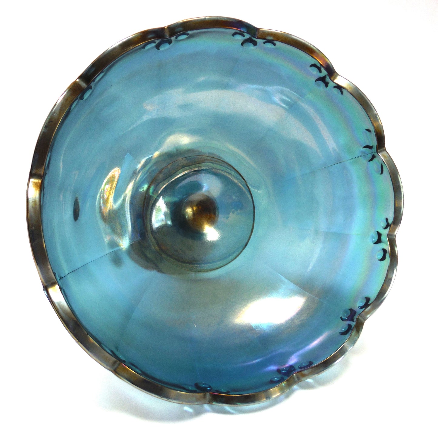 Vintage Iridescent Blue Carnival Glass Pedestal Compote Bowl, Unique & Wonky!