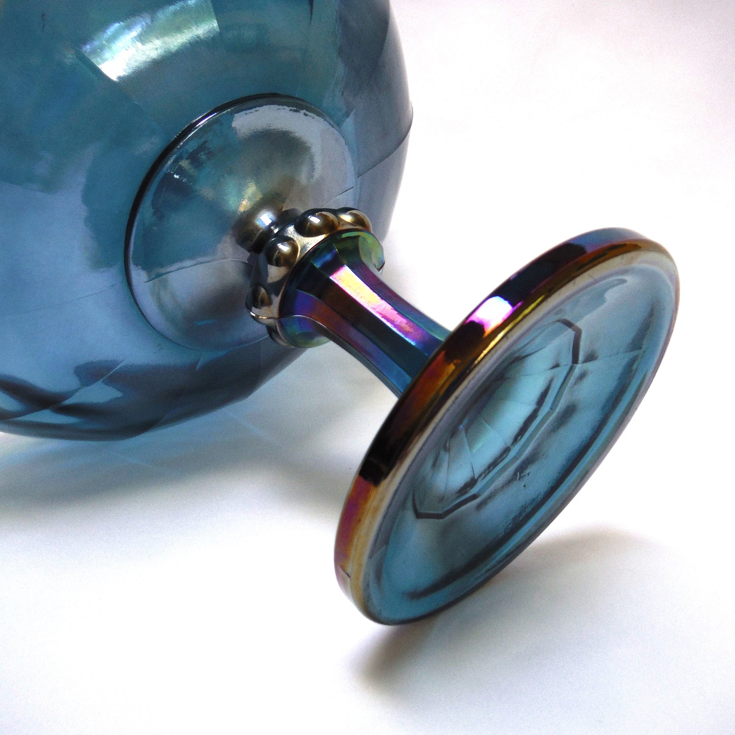 Vintage Iridescent Blue Carnival Glass Pedestal Compote Bowl, Unique & Wonky!